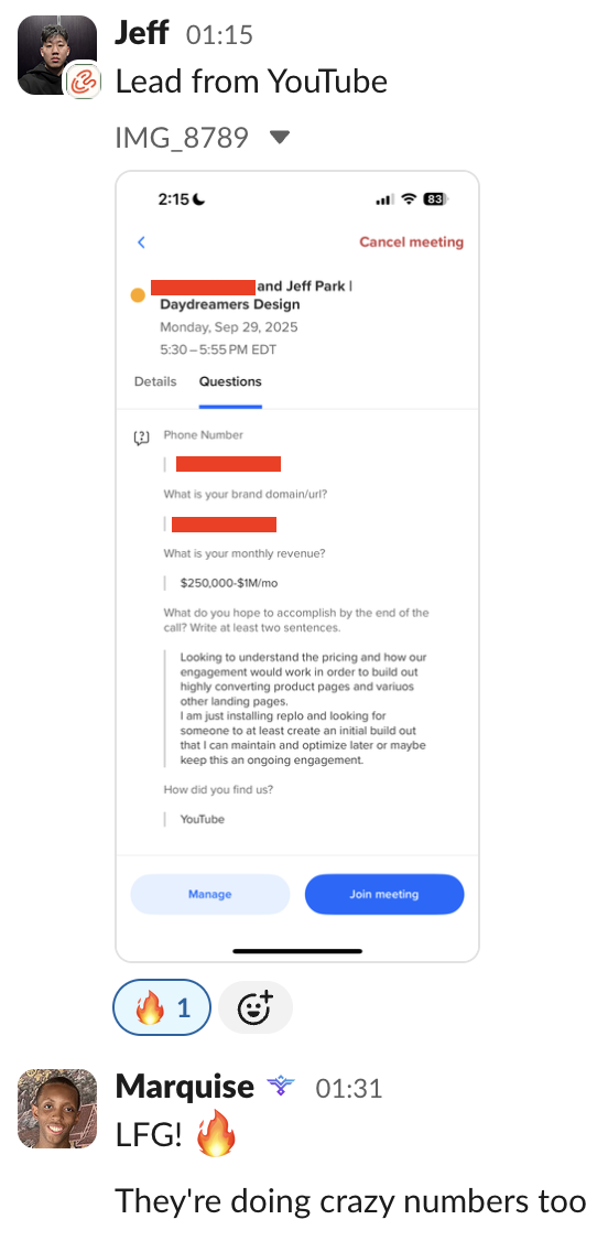 Jeff — qualified $250k–$1M/mo lead from YouTube
