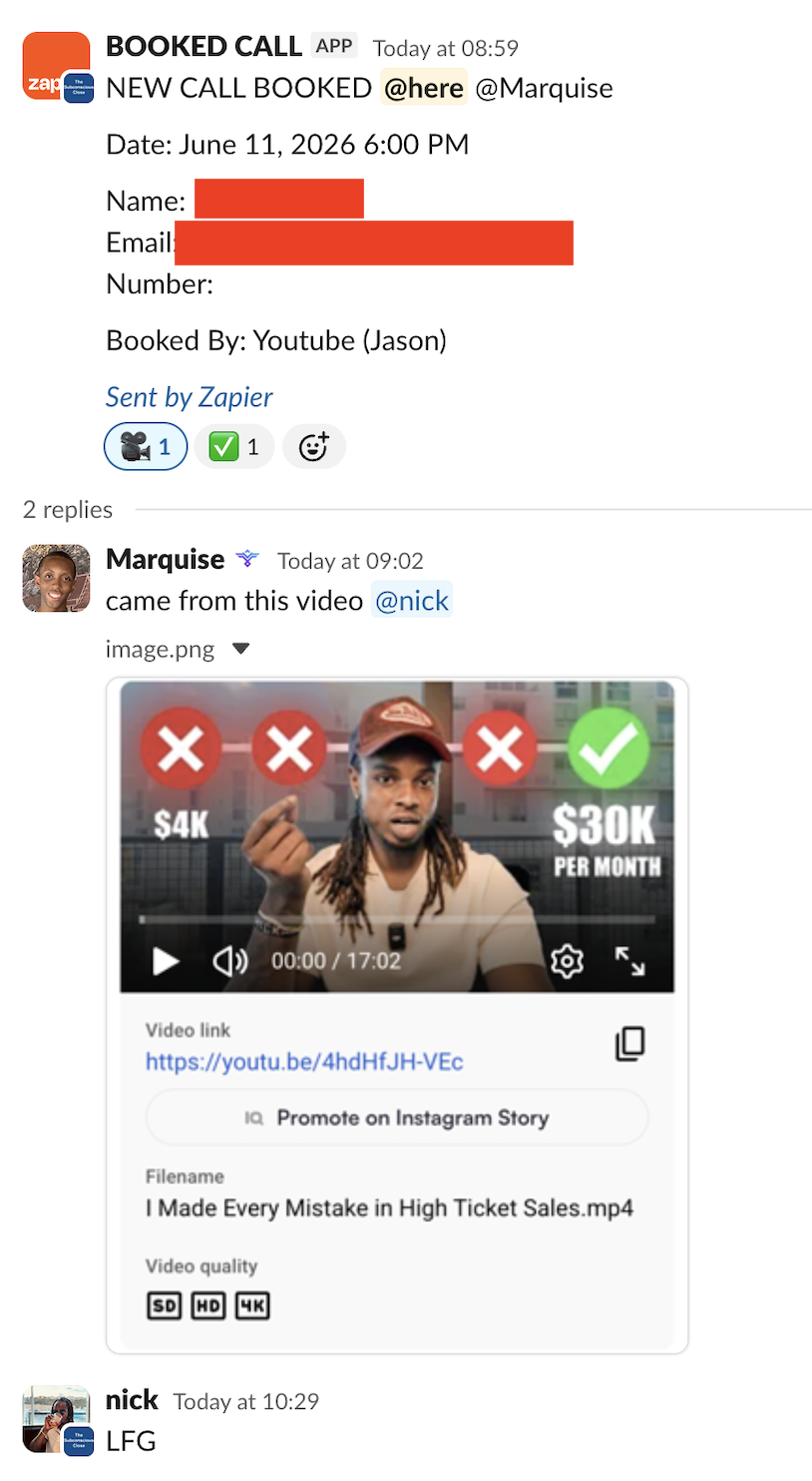 Nick — new call booked from YouTube video