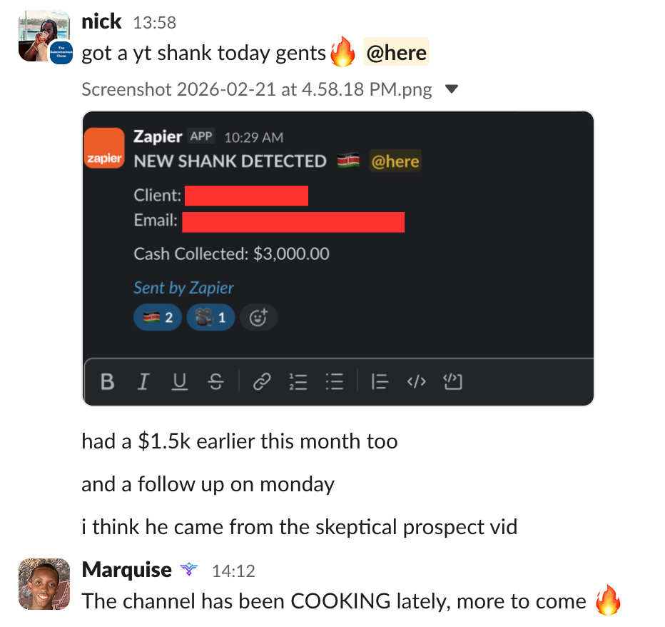 Nick — new YouTube shank, $3k cash collected